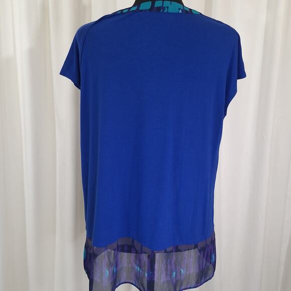 Coldwater Creek Blue Sz L/14 Blouse Abstract Print Short Sleeve Flowy Elegant - Picture 6 of 13